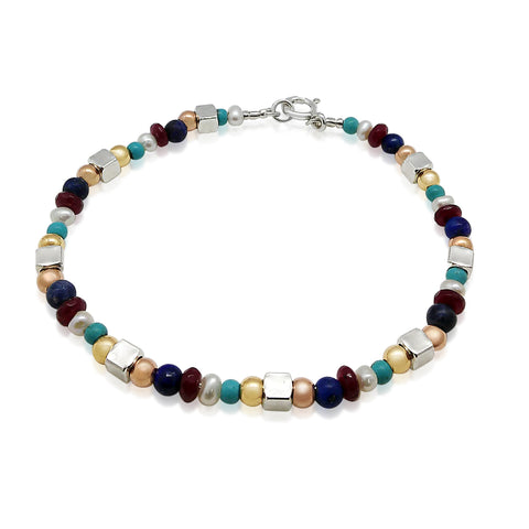Sterling Silver, Gold Filled, Turquoise, Lapis, Carnelian, Pearl Bracelet
