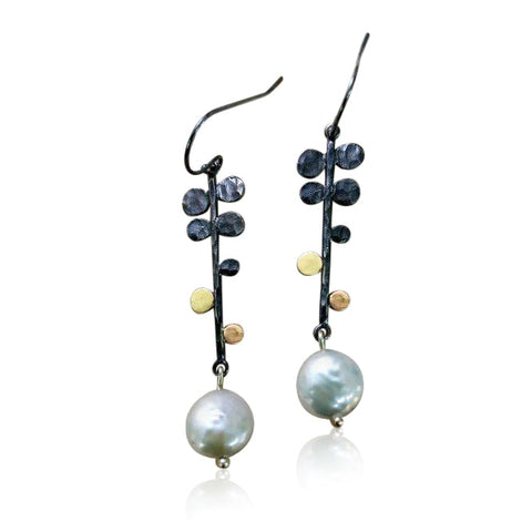 Sterling Silver, (Oxid), 9K Gold, Pearl Earrings