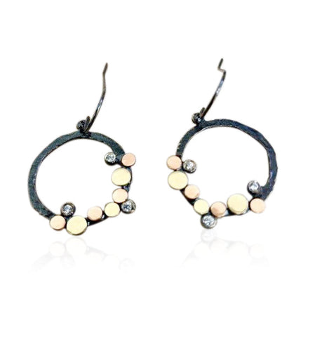 Sterling Silver, (Oxid), 9K Gold, Cubic Zirconia Earrings