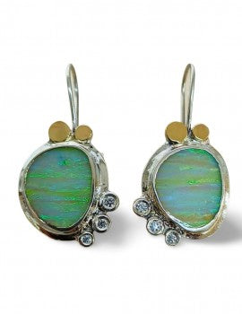 Sterling Silver, 9K Gold, White Opal Earrings