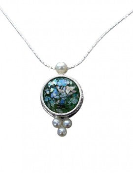 Sterling Silver, Pearl, Blue Roman Glass Necklace