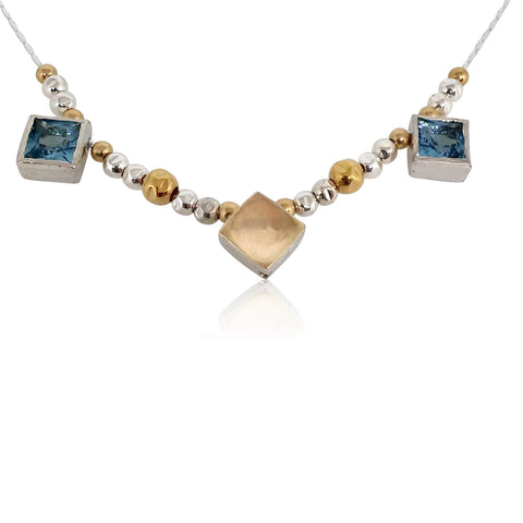 Sterling Silver, 9K Gold, Blue Topaz Necklace