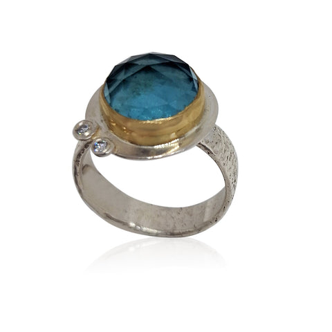 Sterling Silver, 9K Gold, Blue Topaz Ring