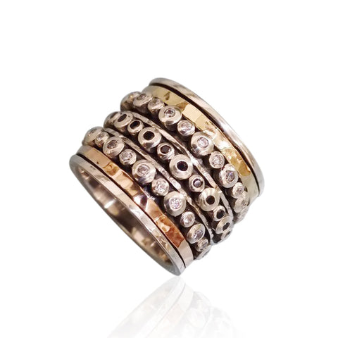 Sterling Silver, 9K Gold, Cubic Zirconia, Black Spinel Ring