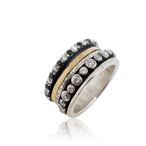 Sterling Silver, 9K Gold, Cubic Zirconia, Black Spinel Ring