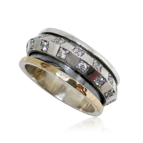 Sterling Silver, 9K Gold, Cubic Zirconia, Black Spinel Ring