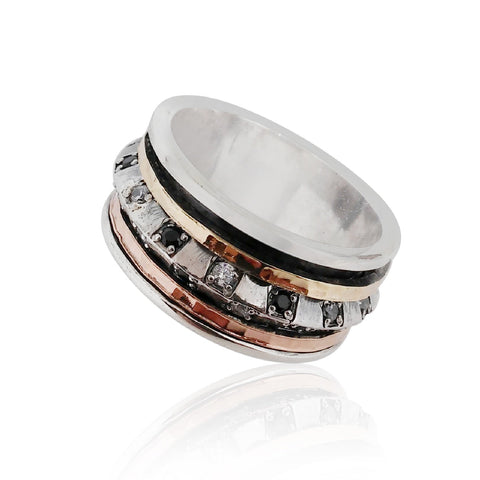 Sterling Silver, 9K Gold, Cubic Zirconia, Black Spinel Ring