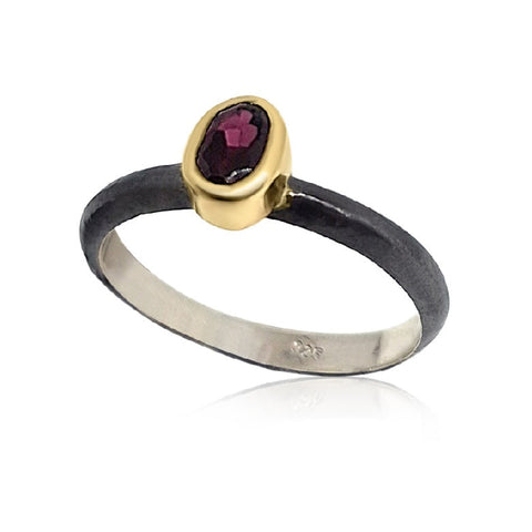 Sterling Silver, (Ox), 9K Gold, Garnet Ring