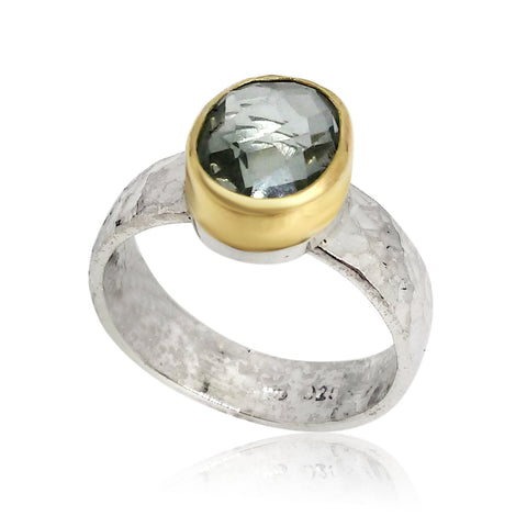 Sterling Silver, 9K Gold, Green Amethyst Ring