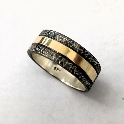 Sterling Silver, Oxidised Sterling Silver, 9K Gold, Men's Ring