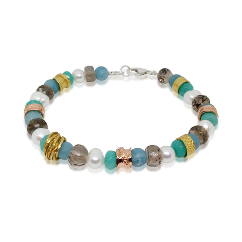 Sterling Silver, Gold Filled, Amazonite, Smoky Quartz, Pearl Bracelet