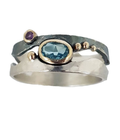 Sterling Silver, 9K Gold, Blue Topaz, Amethyst Ring