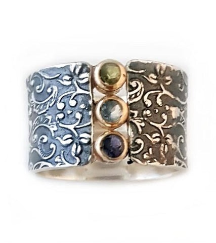 Sterling Silver, 9K Gold, Iolite, Blue Topaz, Peridot Ring