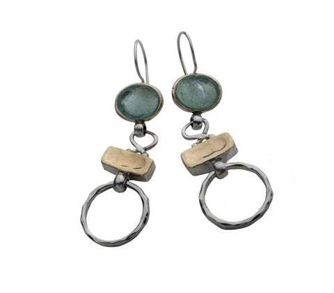 Sterling Silver, 9K Gold, Roman Glass Earrings