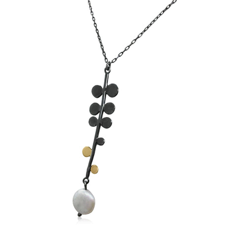 Sterling Silver, (Oxid), 9K Gold, Pearl Necklace