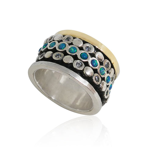 Sterling Silver, 9K Gold, Cubic Zirconia, Opal Ring