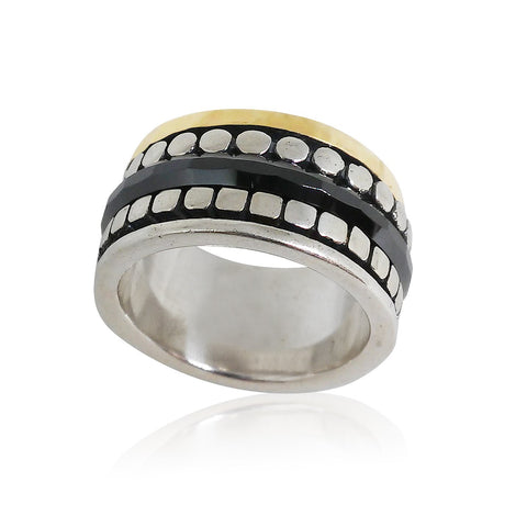 Sterling Silver, 9K Gold, Black Ceramic Ring