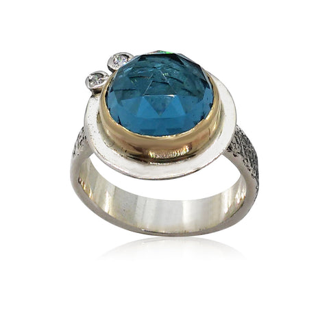 Sterling Silver, 9K Gold, Blue Quartz Cubic Zirconia Ring