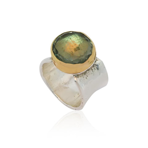 Sterling Silver, 9K Gold, Green Amethyst Ring